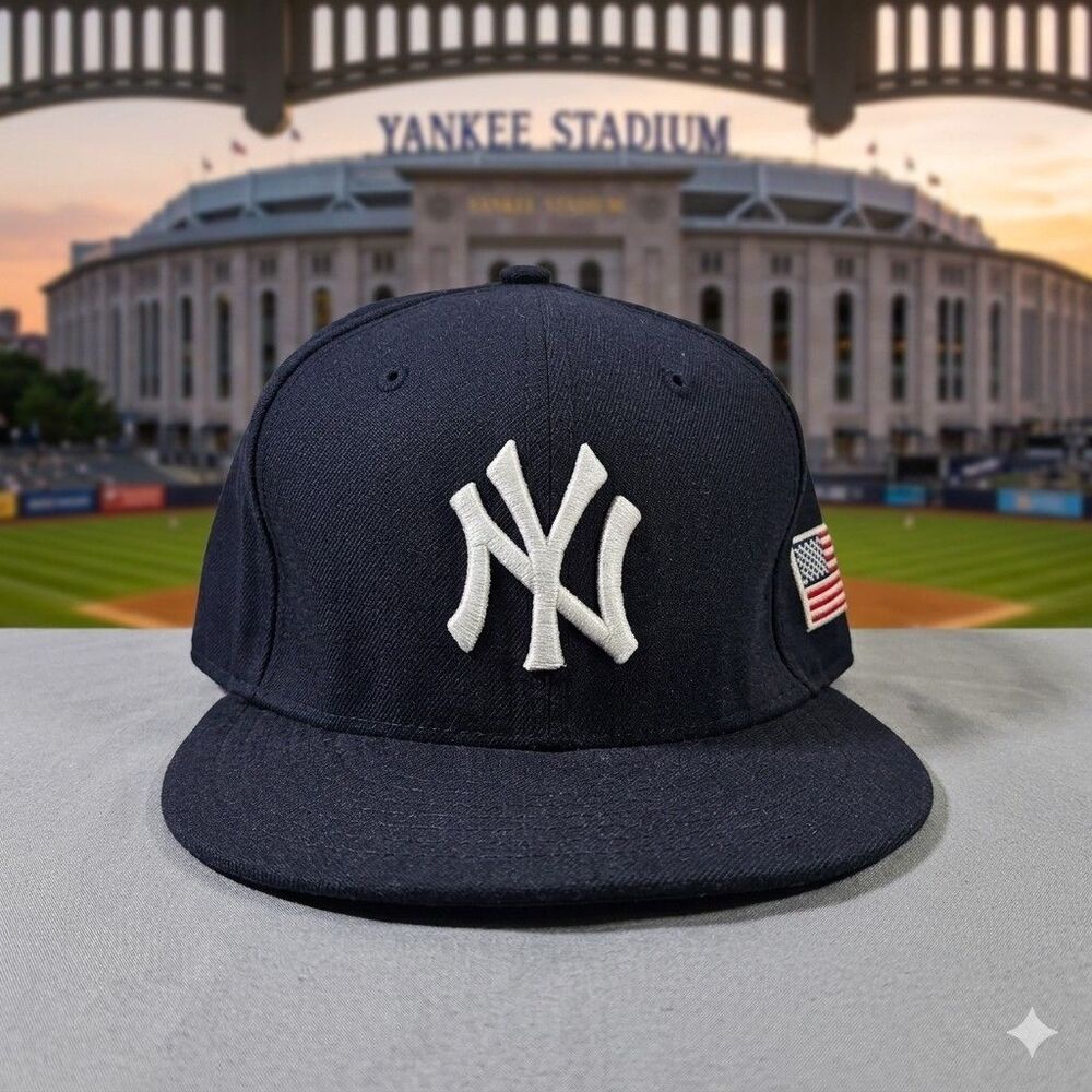 VINTAGE New York Yankees Hat 59FIFTY 7 3/8 USA Flag Patch 9/11 Memorial MLB